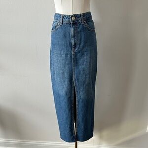 Womens Front Slit Coastal Cowgirl Western Midi Denim Jean Skirt 2 Raw Frayed Hem